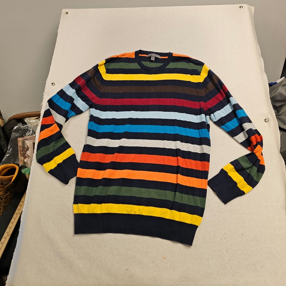Old Navy Mens Large Multi Color Striped Cotton Crewneck Sweater Navy Blue Red L